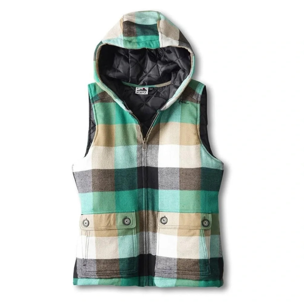 Kavu Women’s Campout Vest Quilted Full Zip Multicolored Check in Forest Green XS